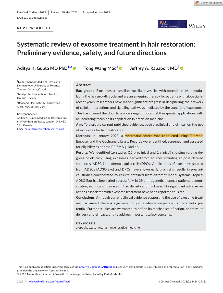 Systematic review of exosome treatment in hair restoration